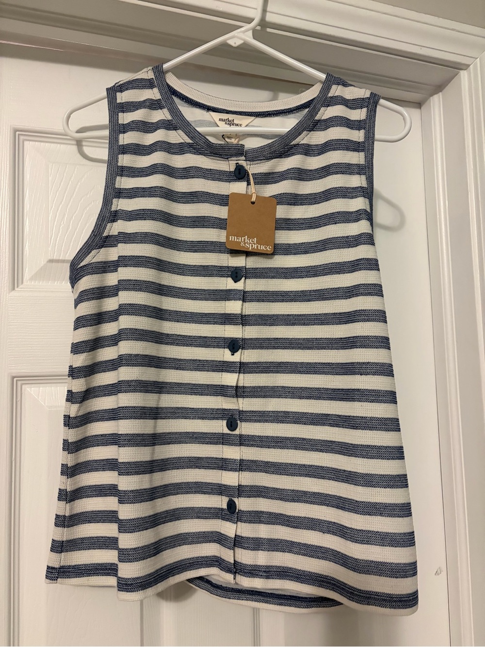 Market & Spruce Navy and White Striped Knit Tank with Button Trim